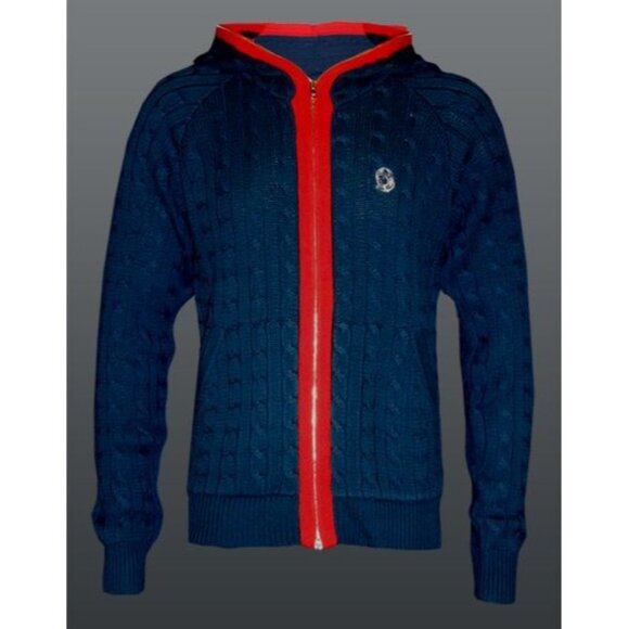 Billionaire Boys Club Cable Knit Zip Hoodie Teal Red Astronaut Logo Large Cotton - Picture 1 of 7